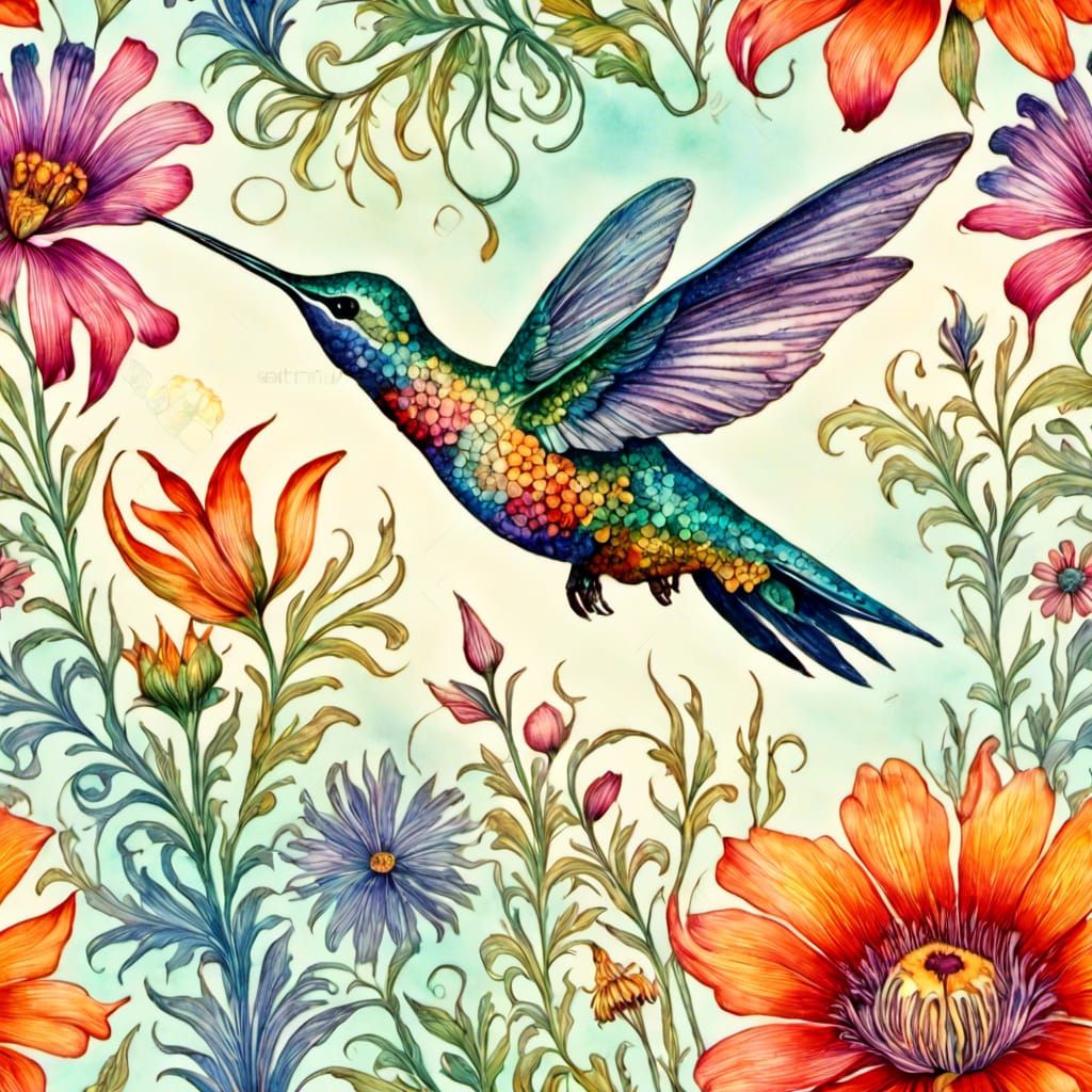 Hummingbird and Wildflowers Watercolor Painting