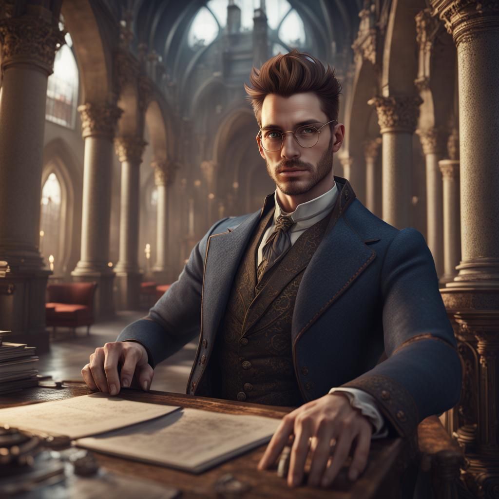 Handsome Man in Victorian Castle: Detailed Matte Painting