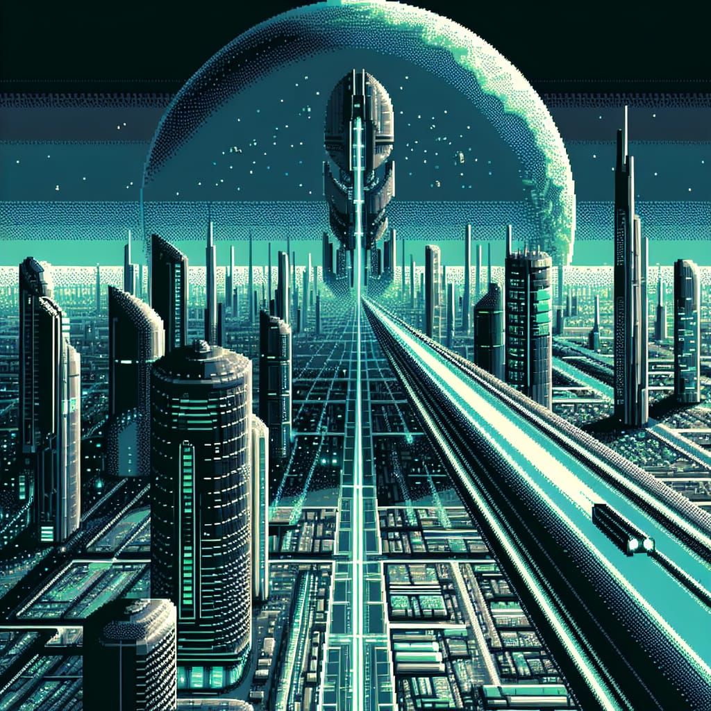 Cyberpunk Cityscape Pixel Art with Vertical Train
