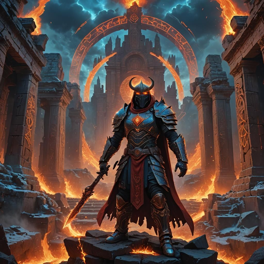 Armored Rapper on Ancient Ruins in Fantasy Style