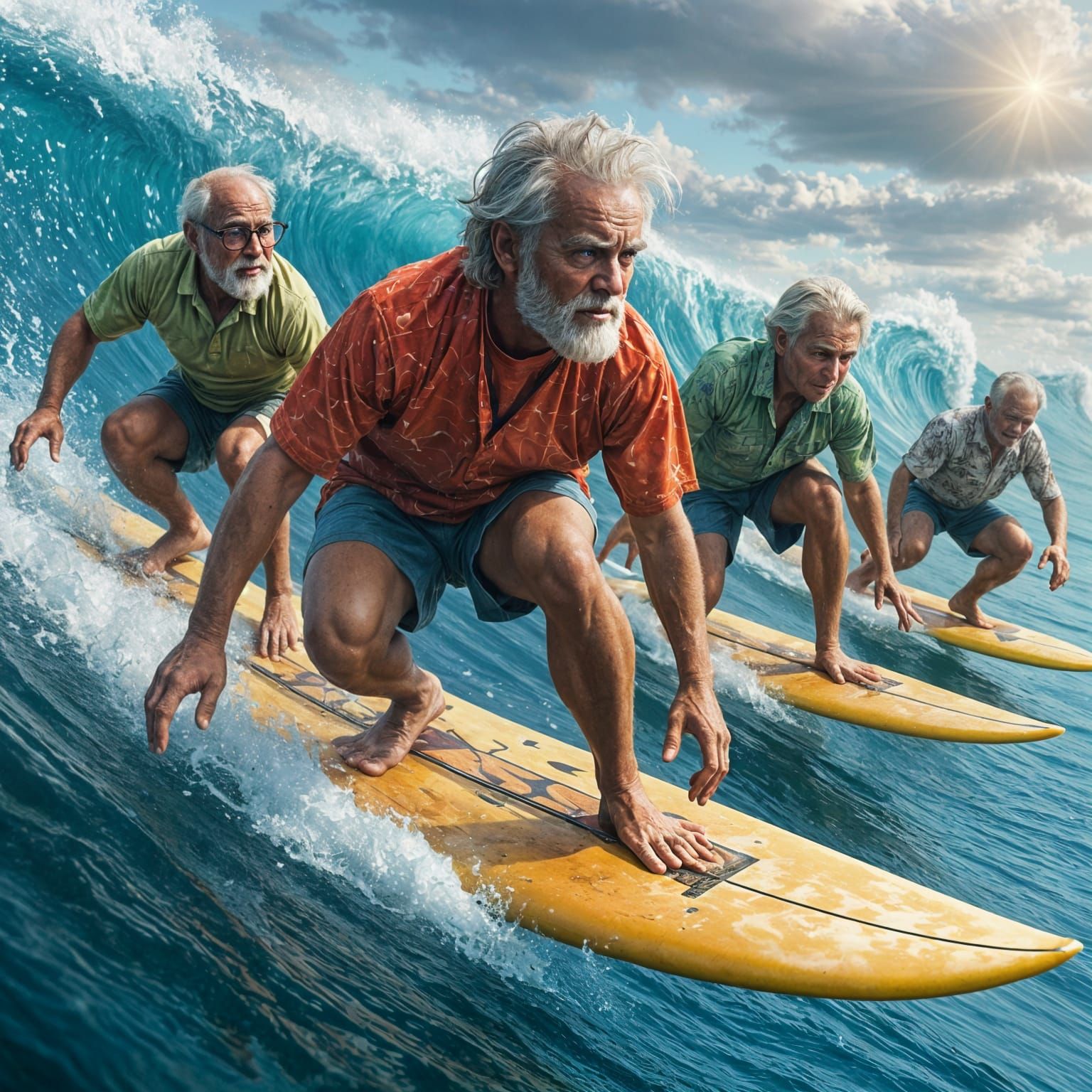 Vintage Surfers Ride Fluorescent Waves Through Nebula