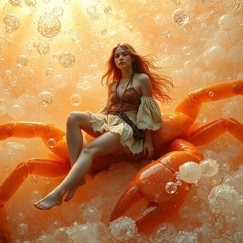 Woman on Gummy Crab in Effervescent Soda Sea