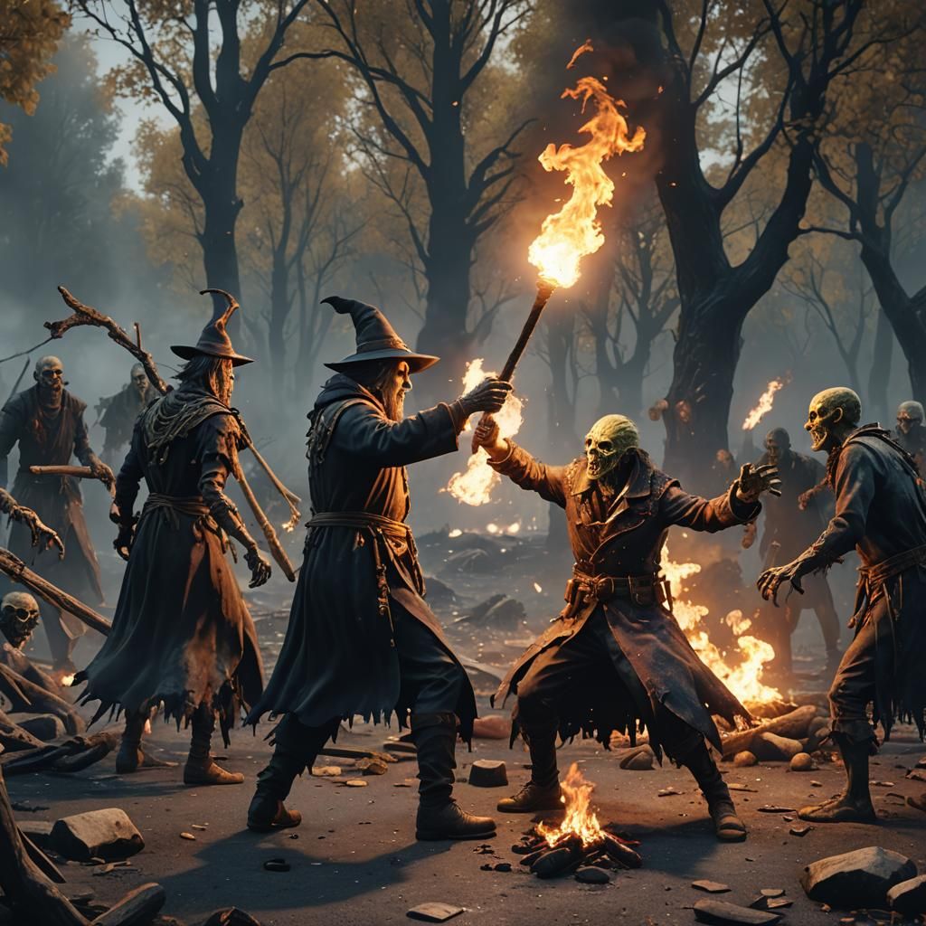 Wizard Casts Fire at Zombie in Cinematic 3D
