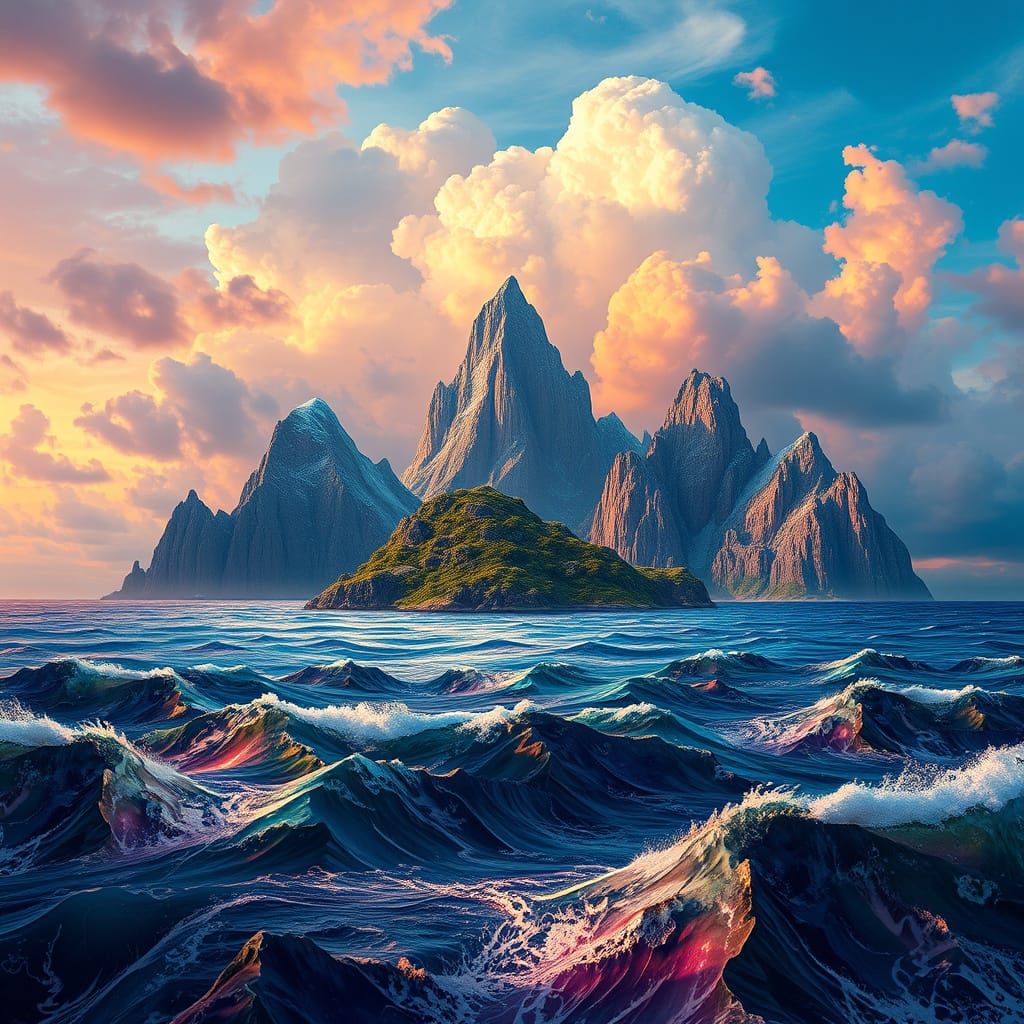 Fantasy Island Mountains in Colorful Ocean