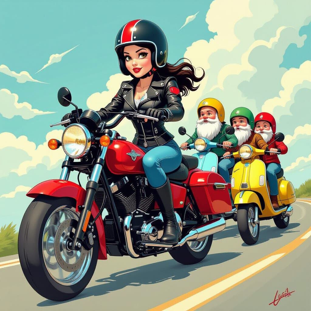 Snow White and Dwarfs Motorcycle Gang Illustration