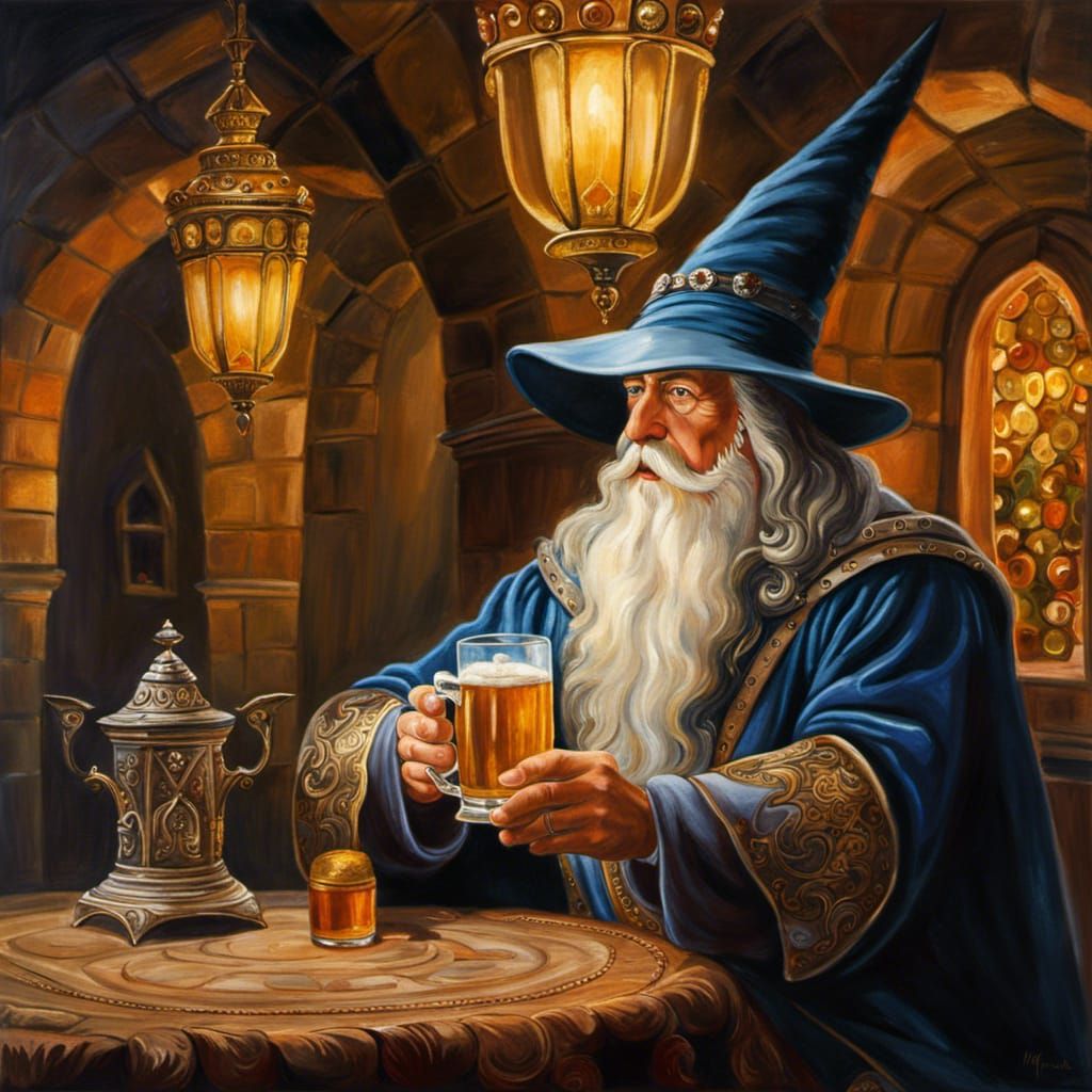 Wizard Enjoying Beer in Ancient Castle