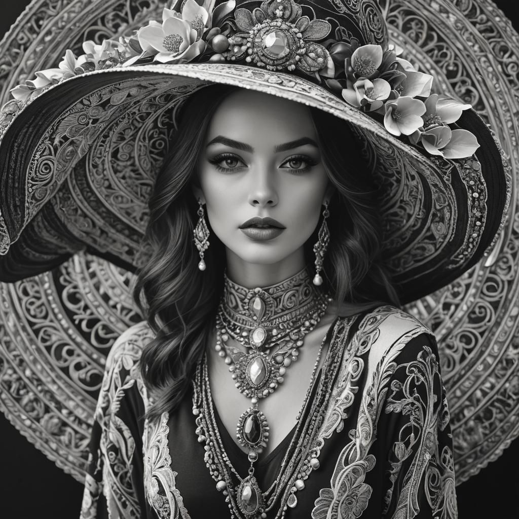 Woman in Hat and Jewelry, Scratchboard Style