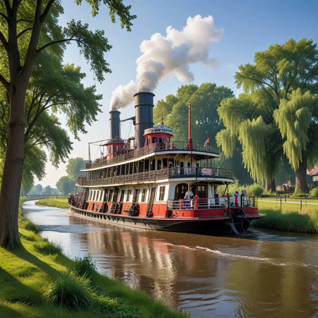 Grand Dutch River Scene in Classic Paddle Steamer Style