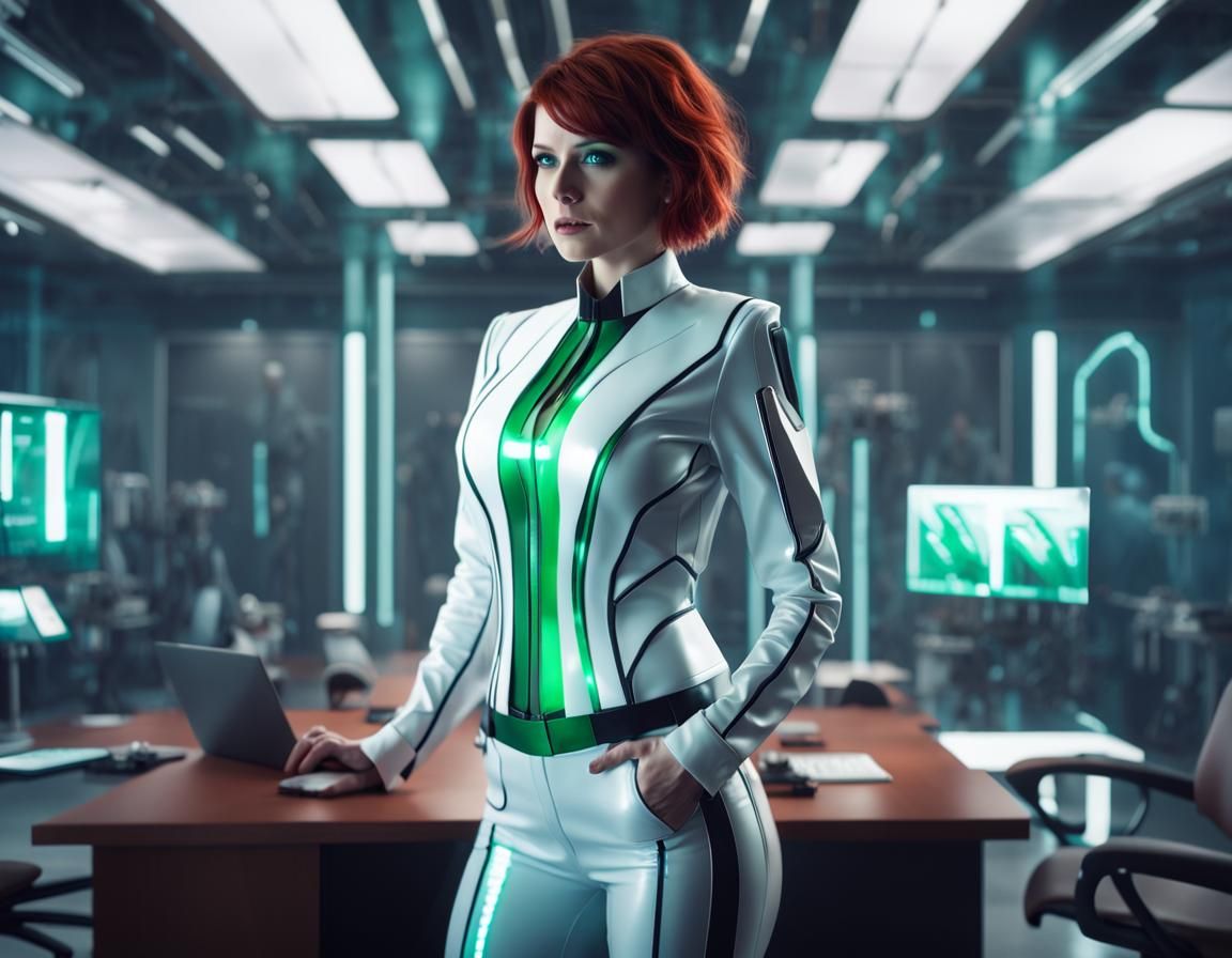 Epic Sci-Fi Businesswoman in Shimmering Digital Landscape
