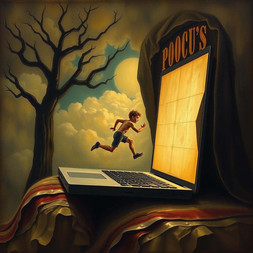 Man Sprints Through Eerie, Impasto-Lit Laptop Wonderland