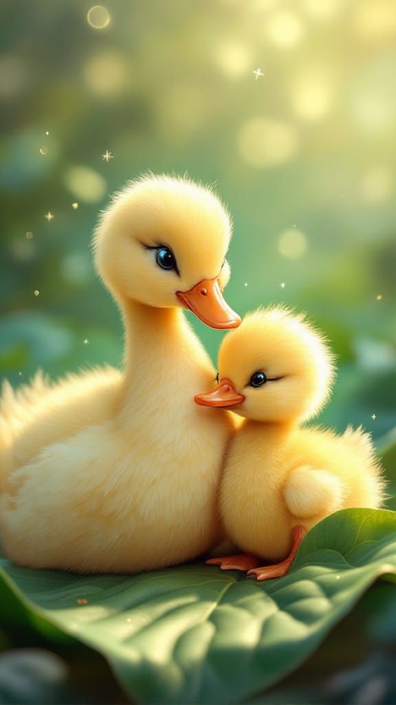 Whimsical Duckling Cuddle in Hyperrealistic Art Style