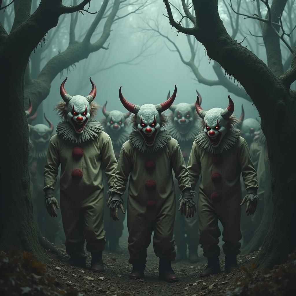 Eerie Crimson-Eyed Clowns in Mist-Shrouded Forest