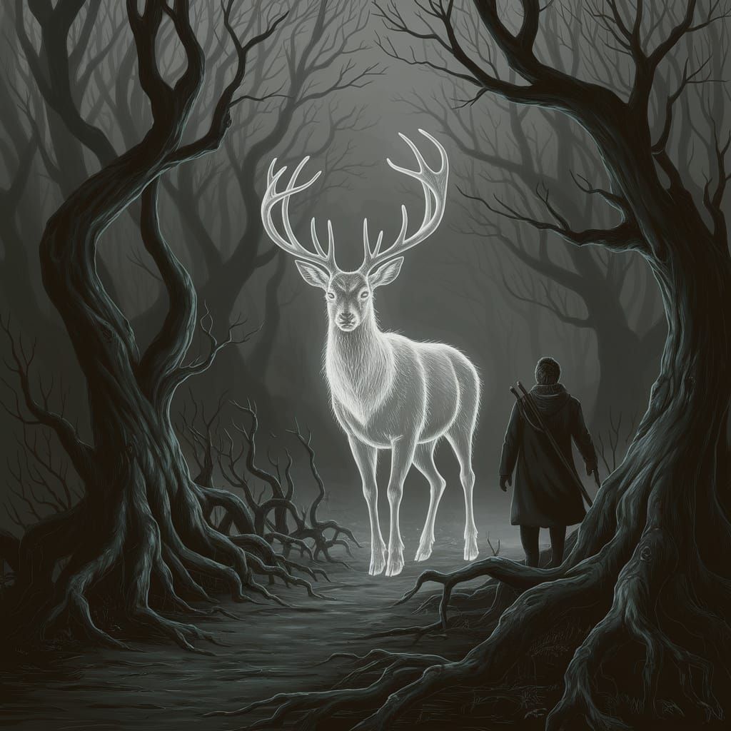 Spectral Deer Guides Traveler Through Dark Forest