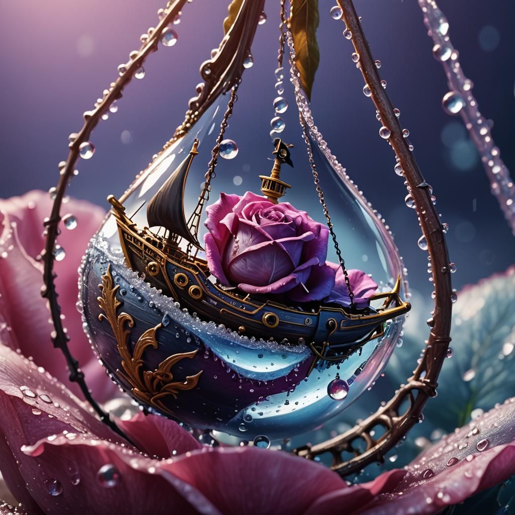 Pirate Ship on Rose Petal in Hyper-Realistic Macro