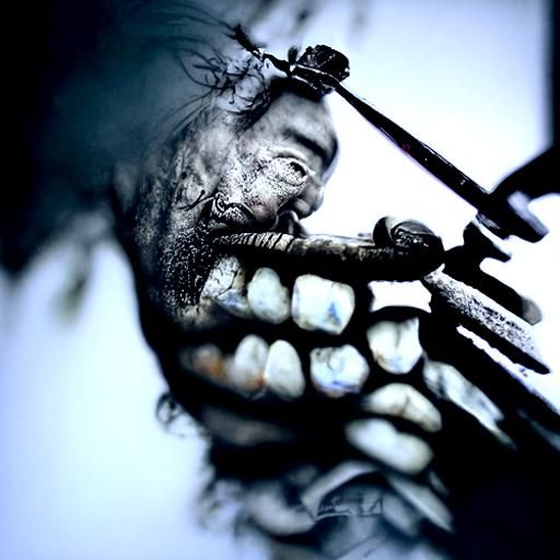 Samurai Warrior Gripping Sword in Teeth Portrait