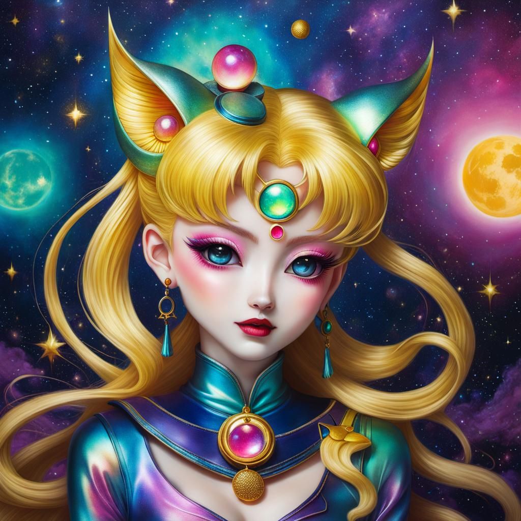 Iridescent Sailor Moon in Solarpunk Alcohol Ink Style