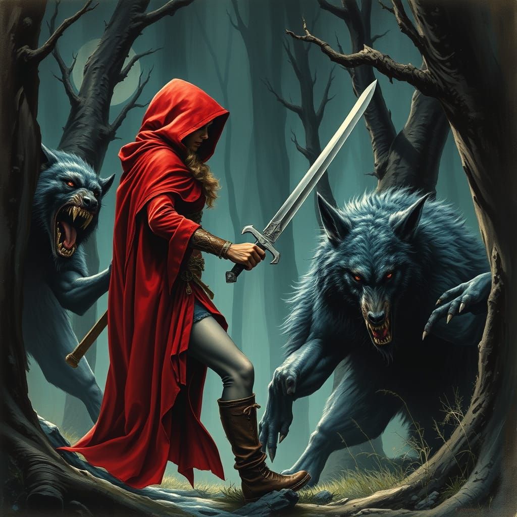 Red Riding Hood Battles Werewolves in Comic Art Style