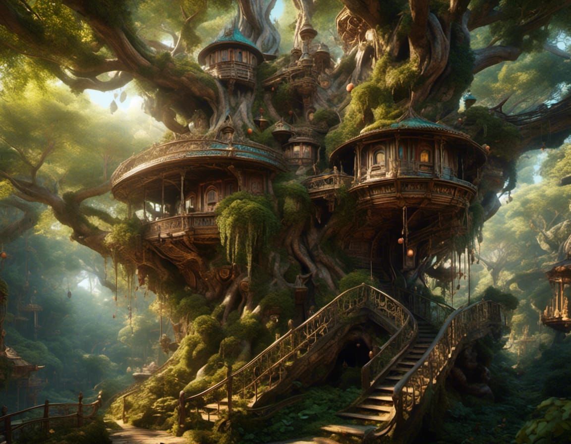 <lora:FantasyLover:1.0> tree house, wide angle, whimsical, insanely detailed, fantastical, intricate, fantasycore...
