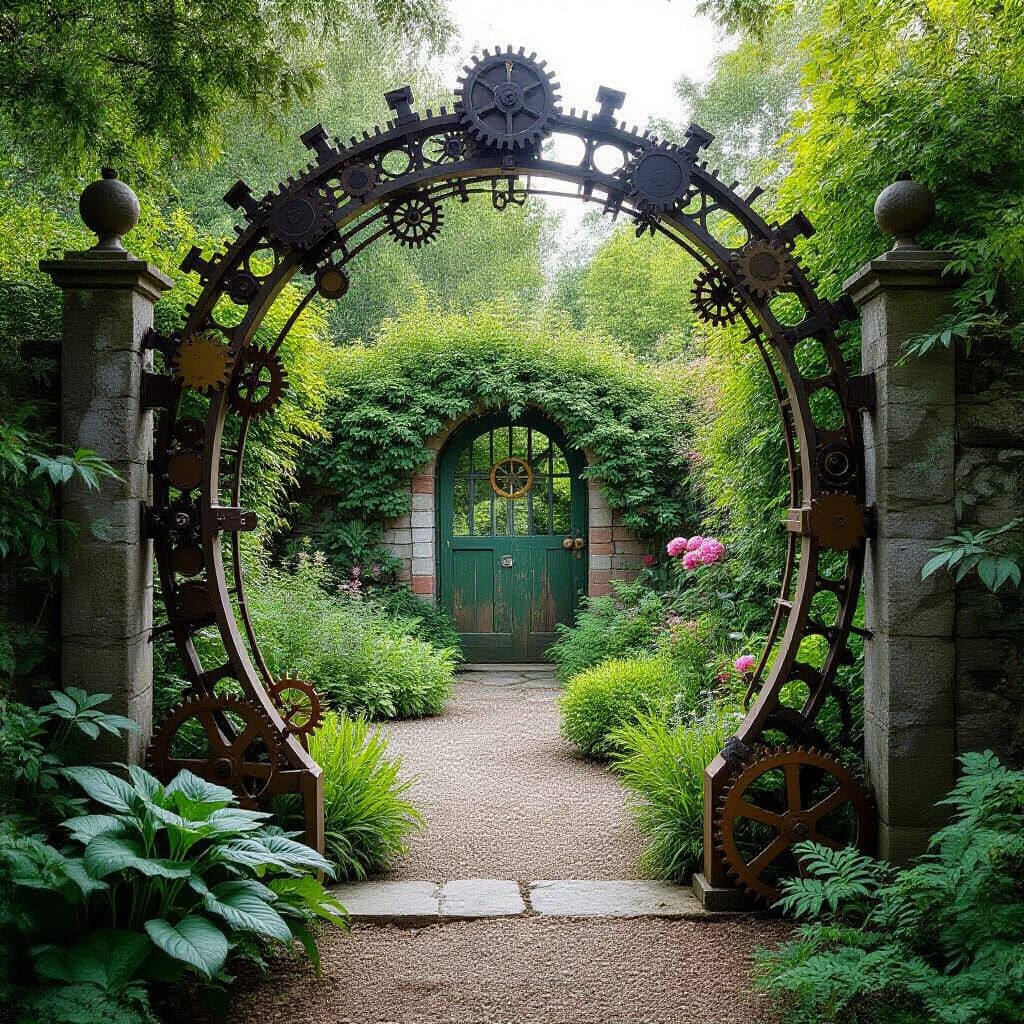 Surreal Electrified Mechanical Garden Behind Forgotten Gate