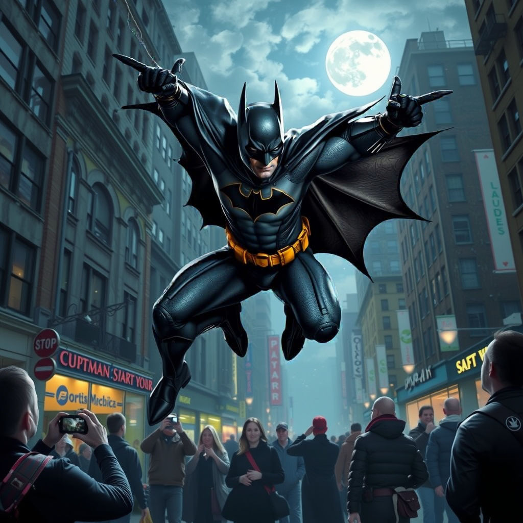 Batman Webslinging Through New York at Night