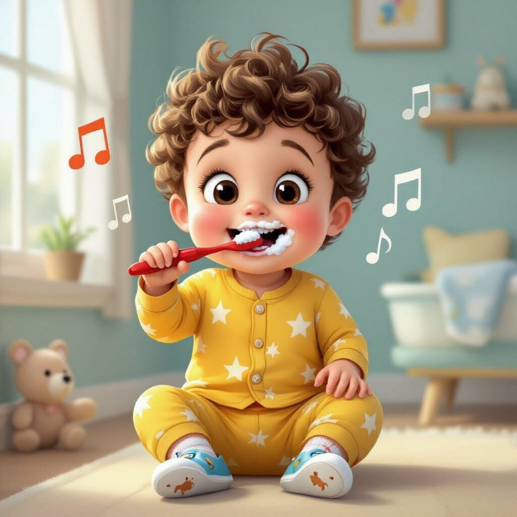 Cheerful Toddler Bobby Brushing Teeth in Cartoon 3D