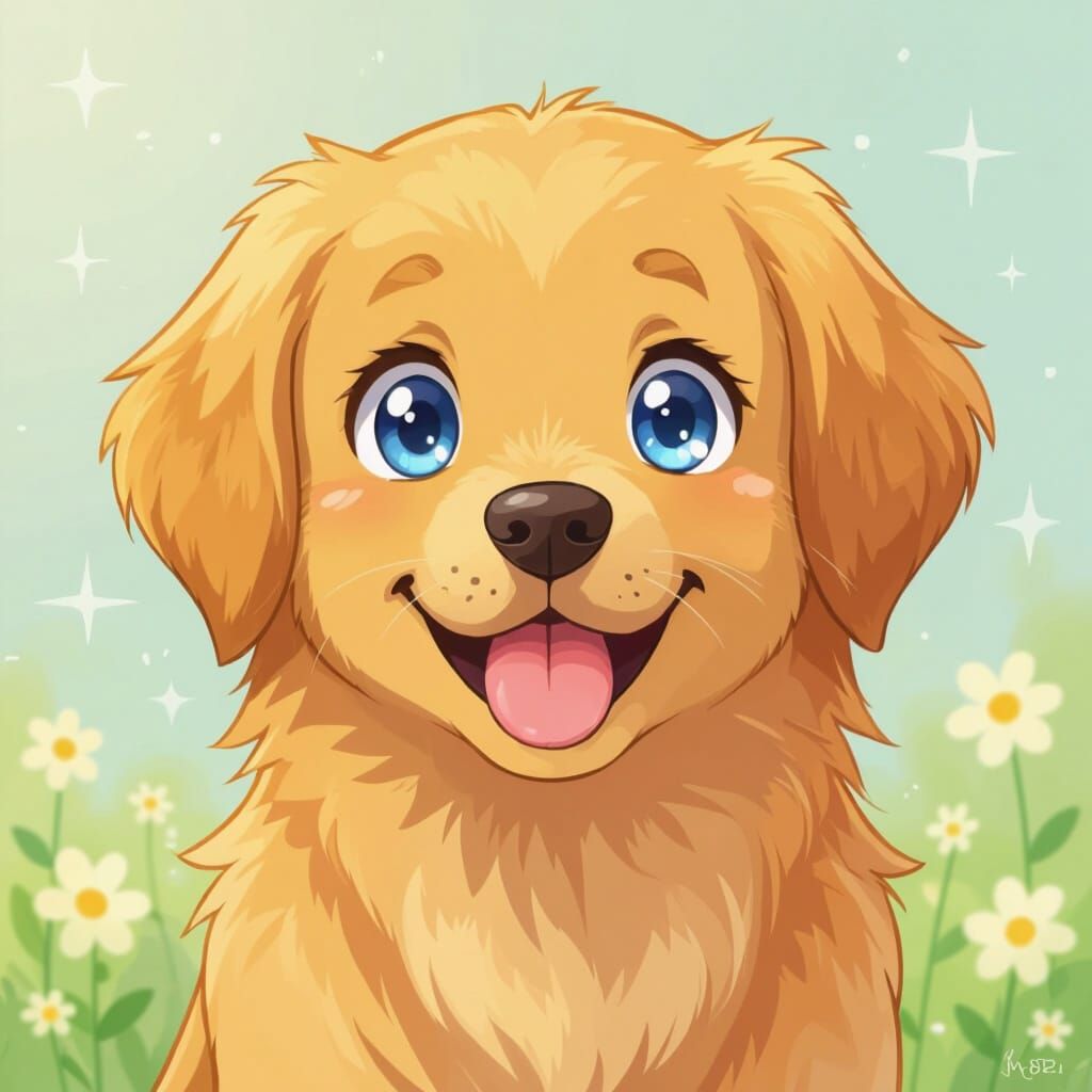 Cute Golden Retriever in Expressive Manga Anime Style