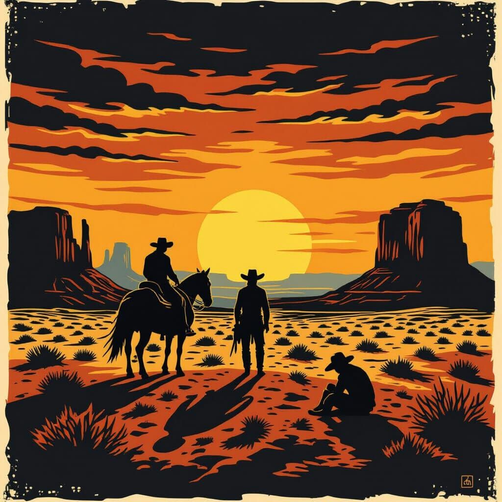 The Good, the Bad and the Ugly.. woodcut print style and Wes...