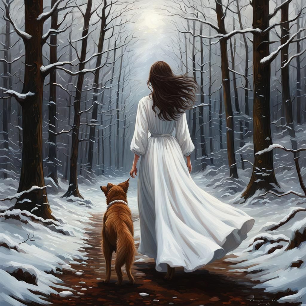 Enchanting Brunette in Forest, Impressionistic Painting