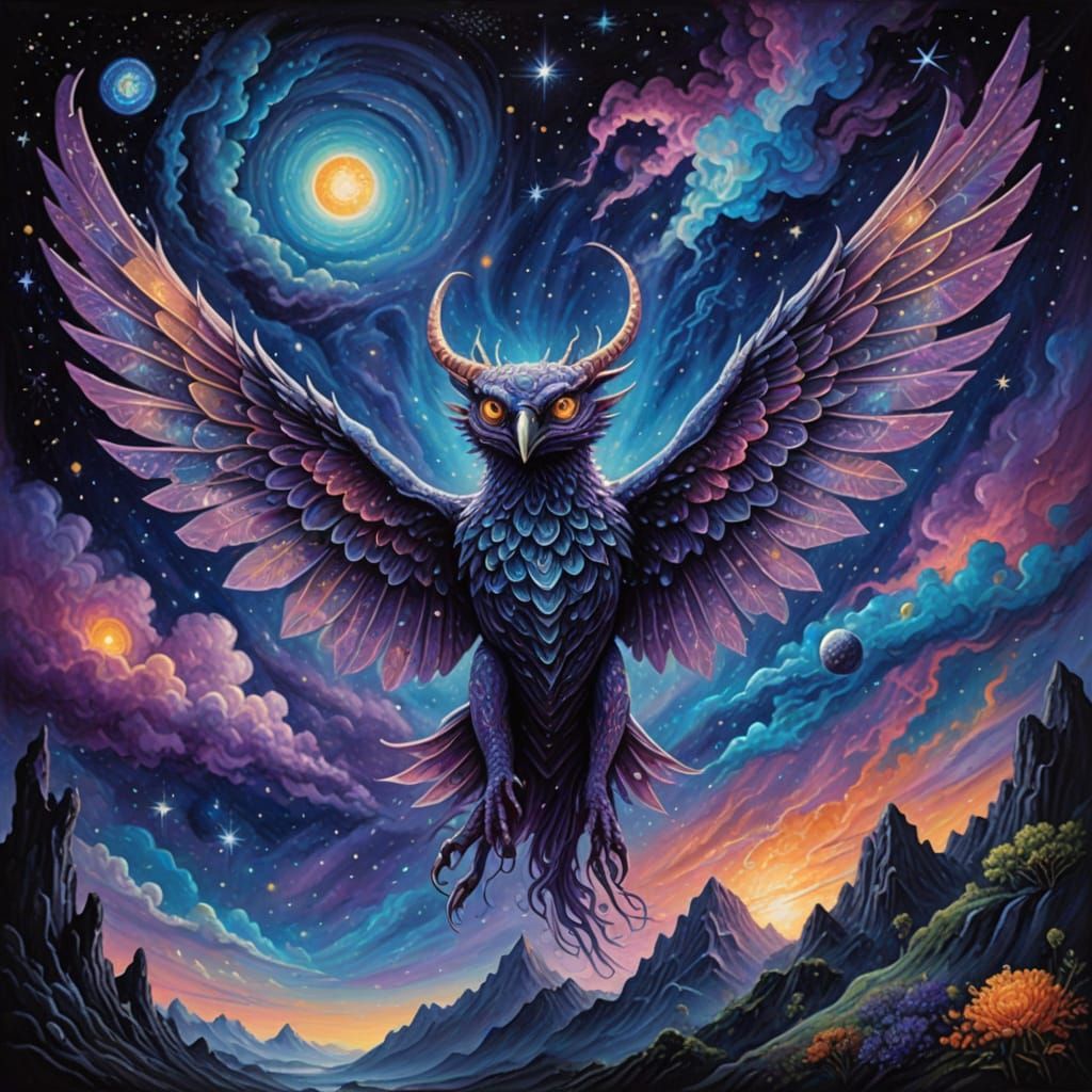 Ethereal Flying Creature Under Starry Night Sky in Vibrant O...