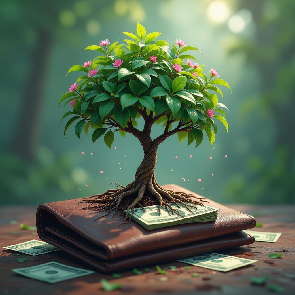 Money Tree Sprouts from Wallet: Dystopian Digital Art