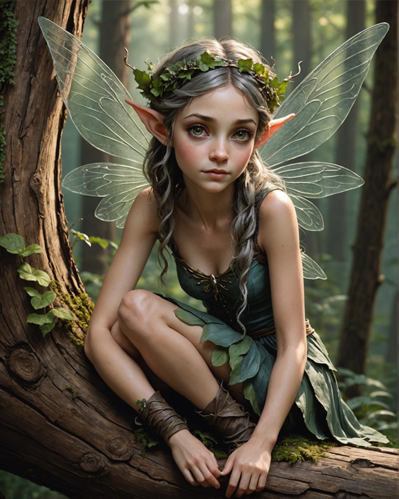 Woodland Fairy with Autumn Wings on Wooden Log