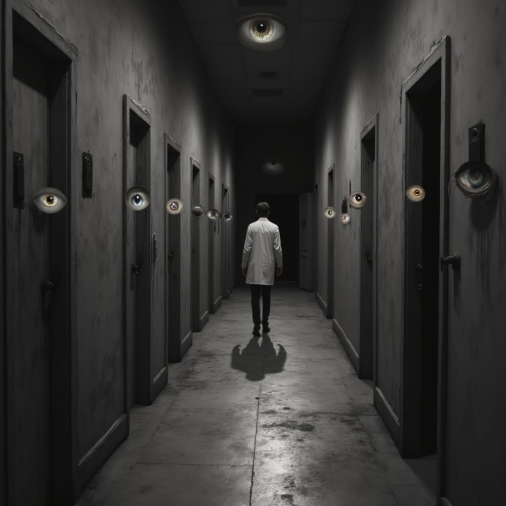 Surrealist Doors of Unblinking Eyes in a Dark Corridor