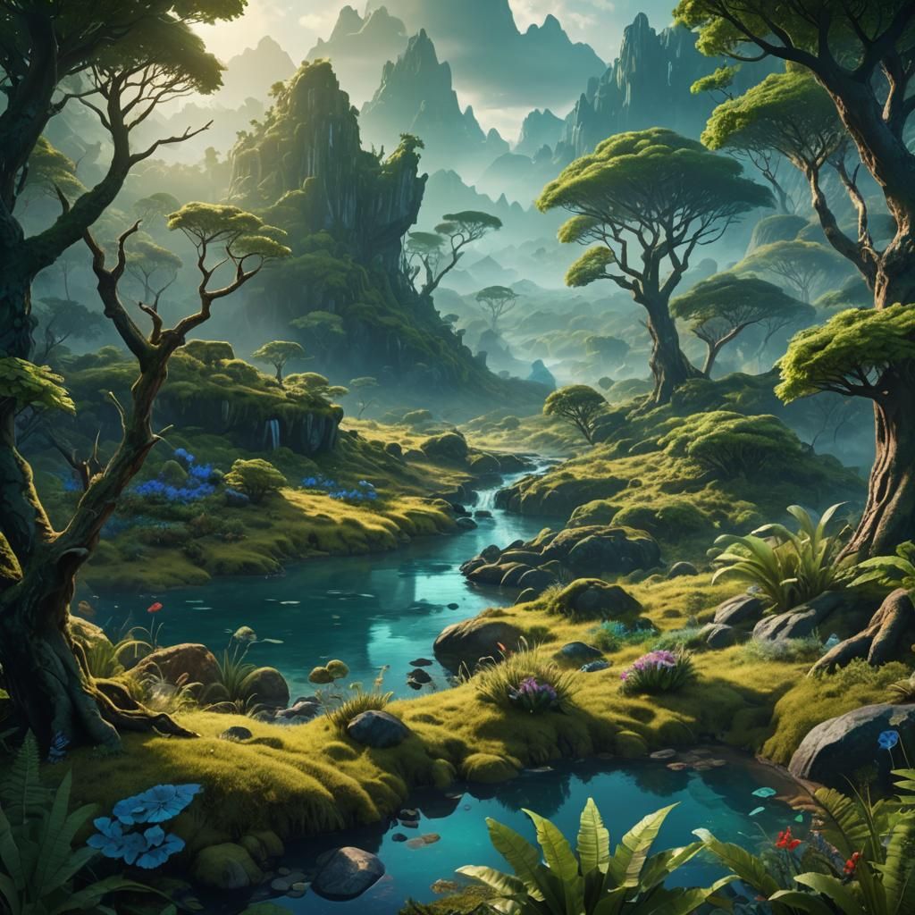 Vibrant Fantasy Landscape with Diverse Wildlife