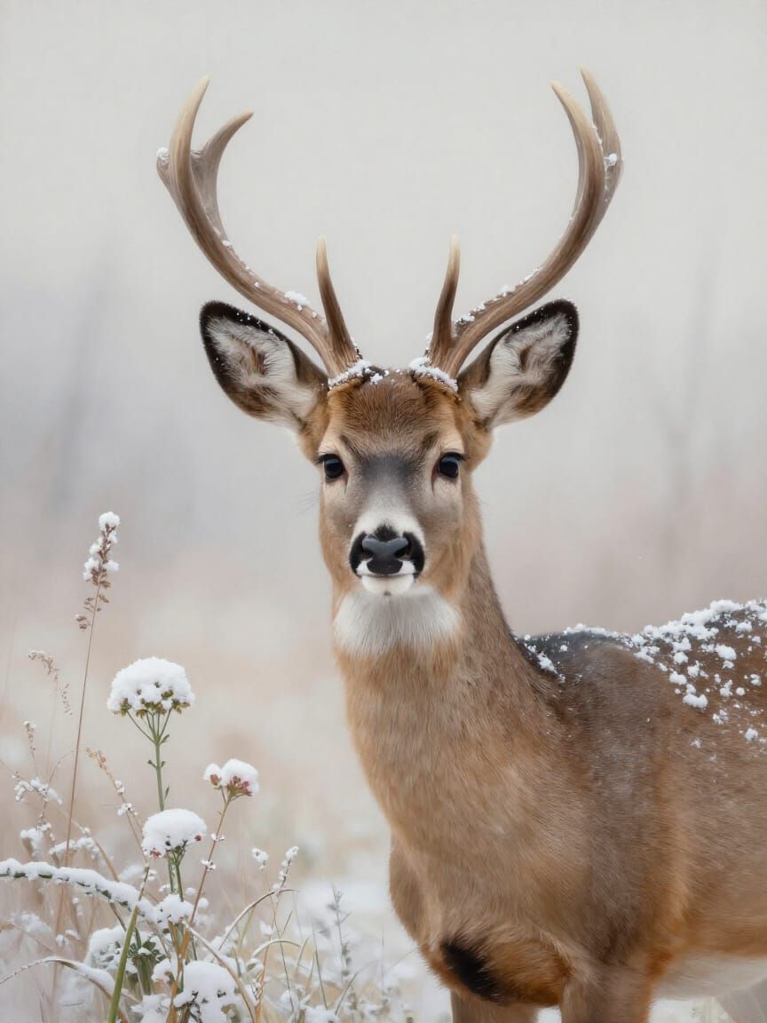 Realistic Deer in Serene Winter Landscape Painting