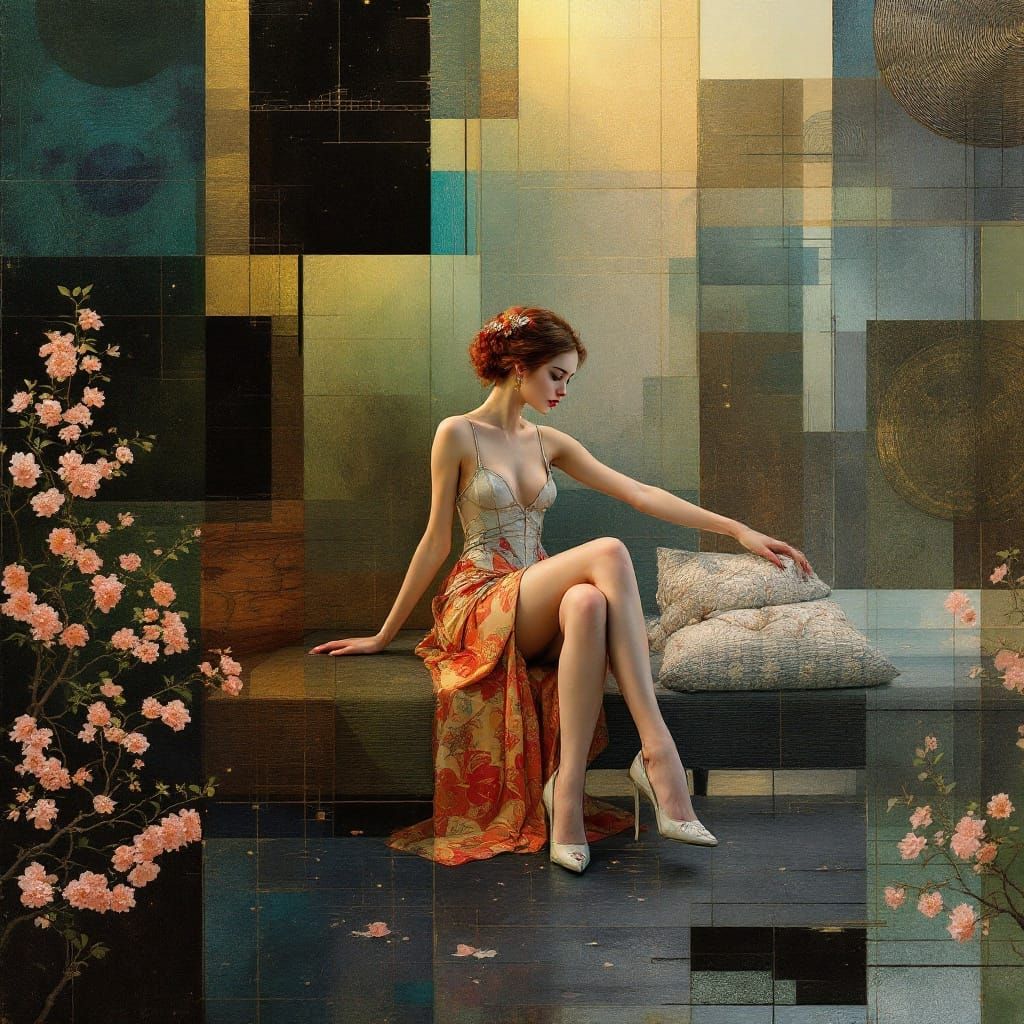 Abstract Pin-Up Fusion with Geometric Garden Scene