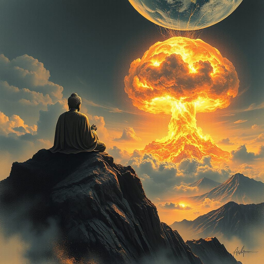 Buddha Watches Earth's Nuclear Apocalypse from Mountain