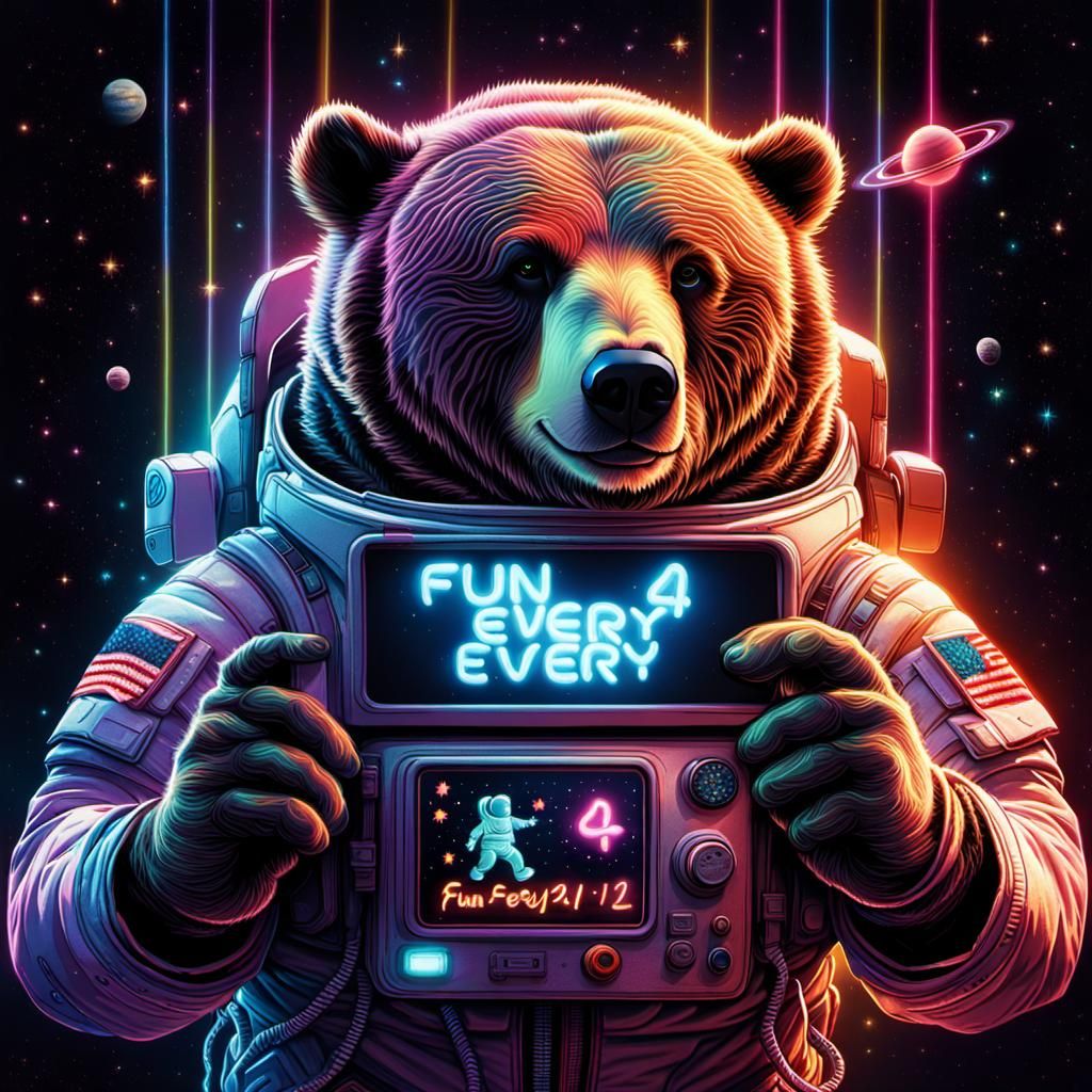 Obese Bear Astronaut with Sign in Neon Colors