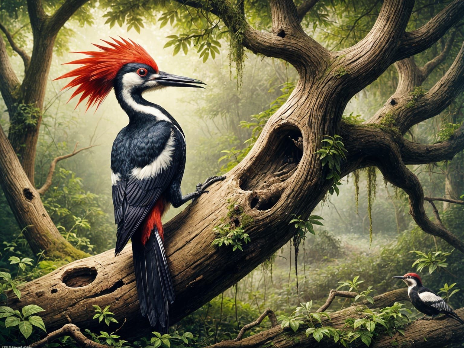 Pileated Woodpecker Foraging in Misty Forest