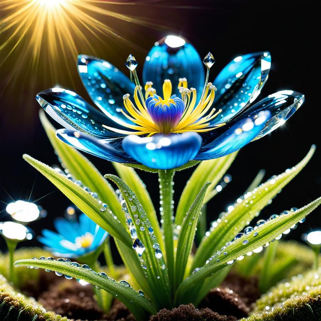 Bioluminescent Water Flower with Diamond Dewdrops
