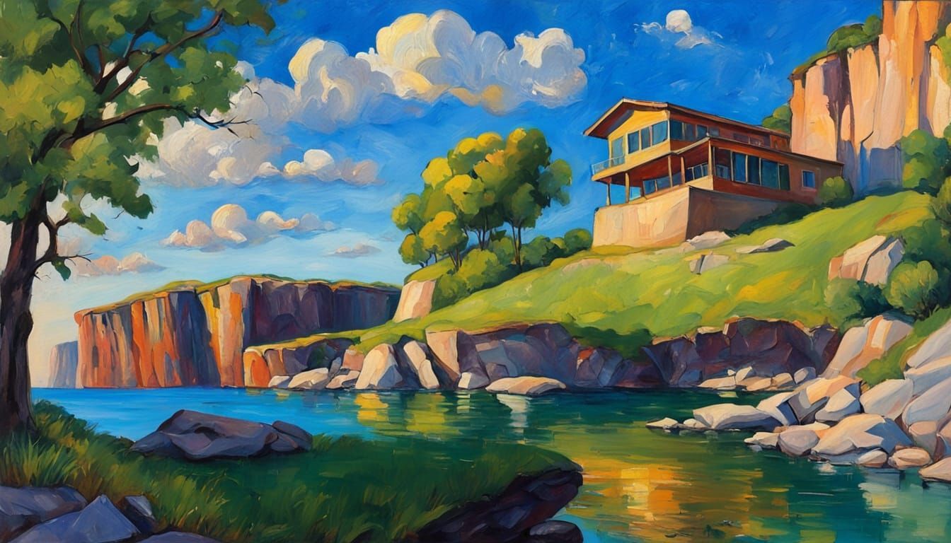 Impossible Cliffside House in Fauvist Oil Painting Style