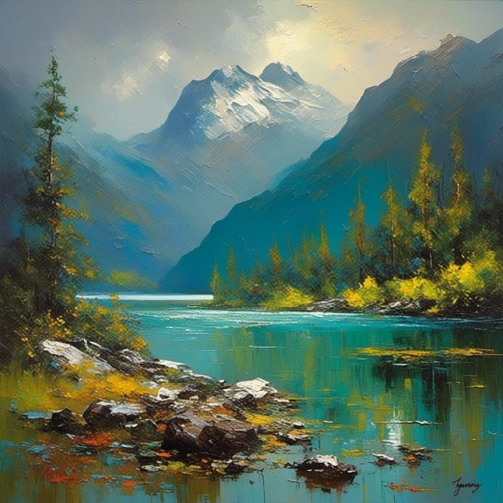 Ethereal Rocky Mountain Landscape in Impasto Oil Style