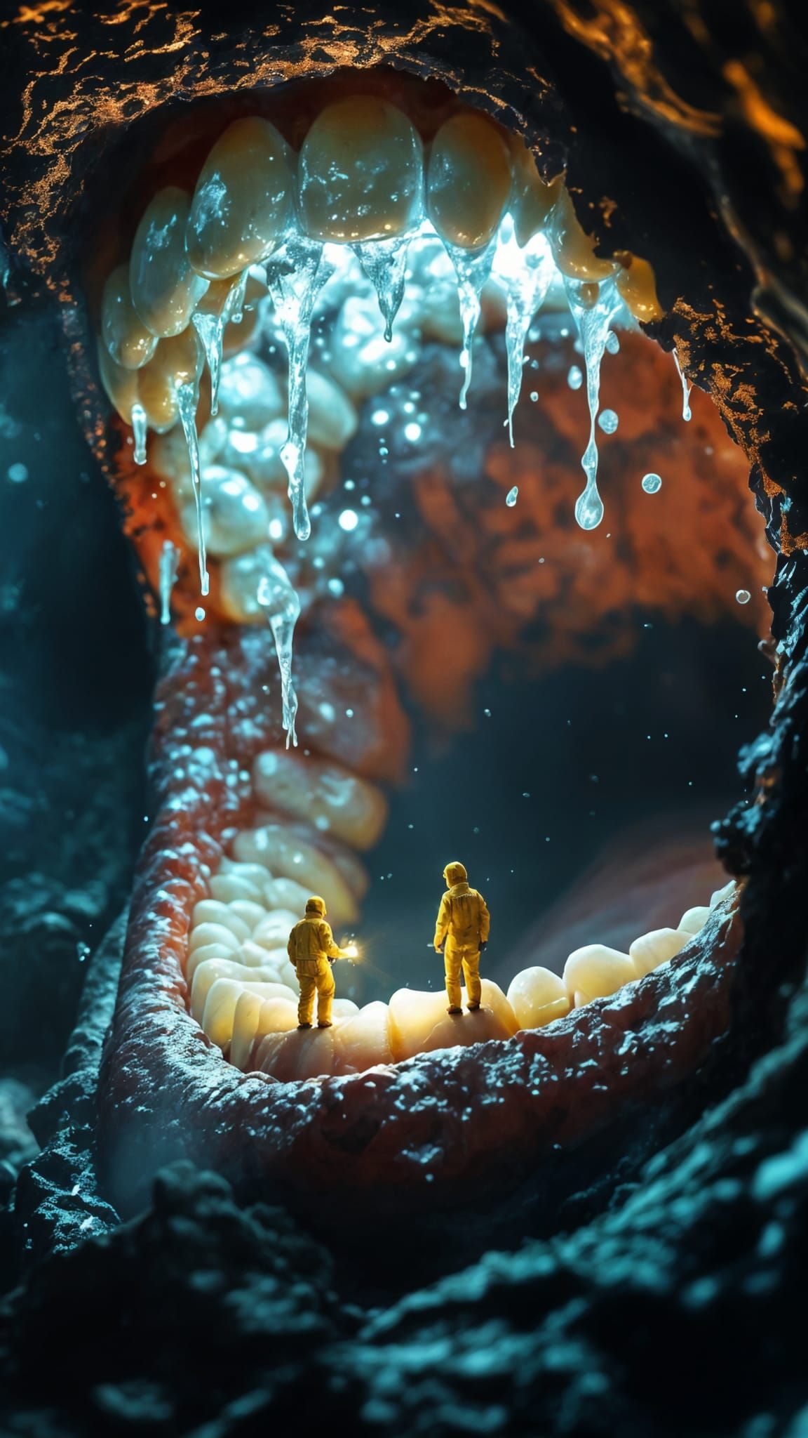 Miniature Explorers Illuminate Giant Mouth in Surreal Scene