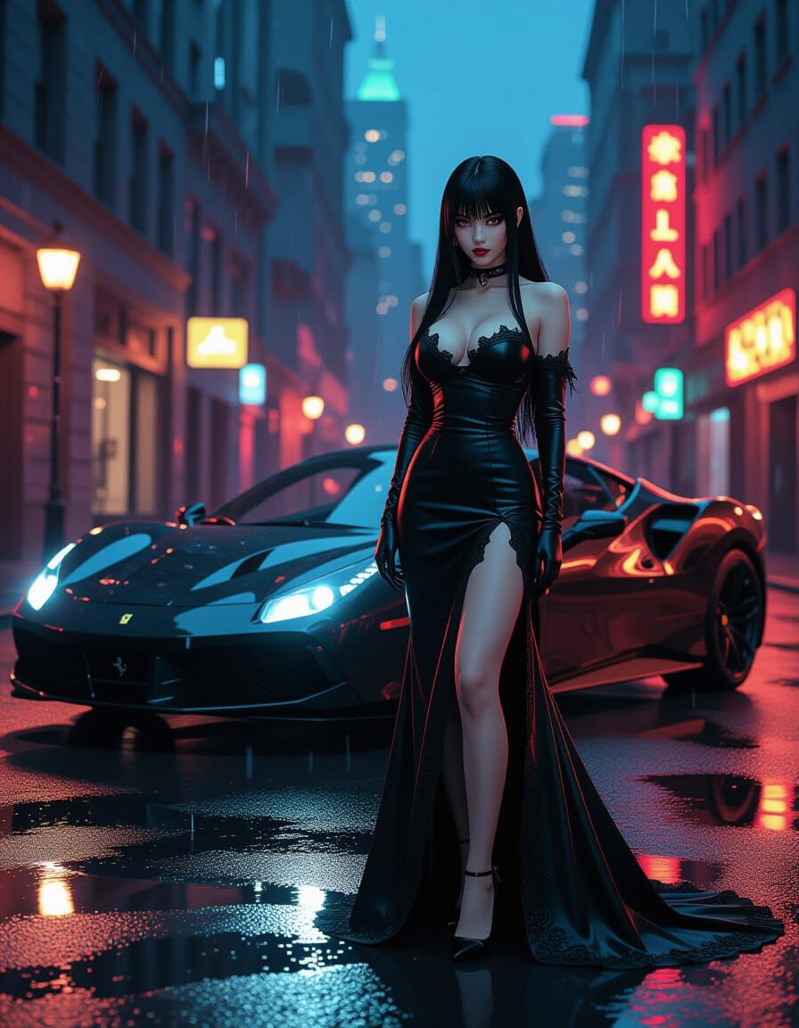 Ahri in Gotham: Film Noir Cyberpunk Ferrari