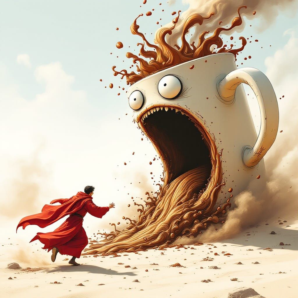 Man Runs Towards Giant Coffee Cup in Whimsical Surrealistic ...