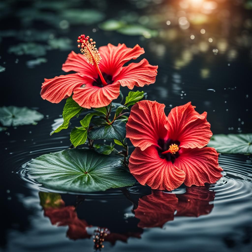 Hyperrealistic Hibiscus Flower in Pond