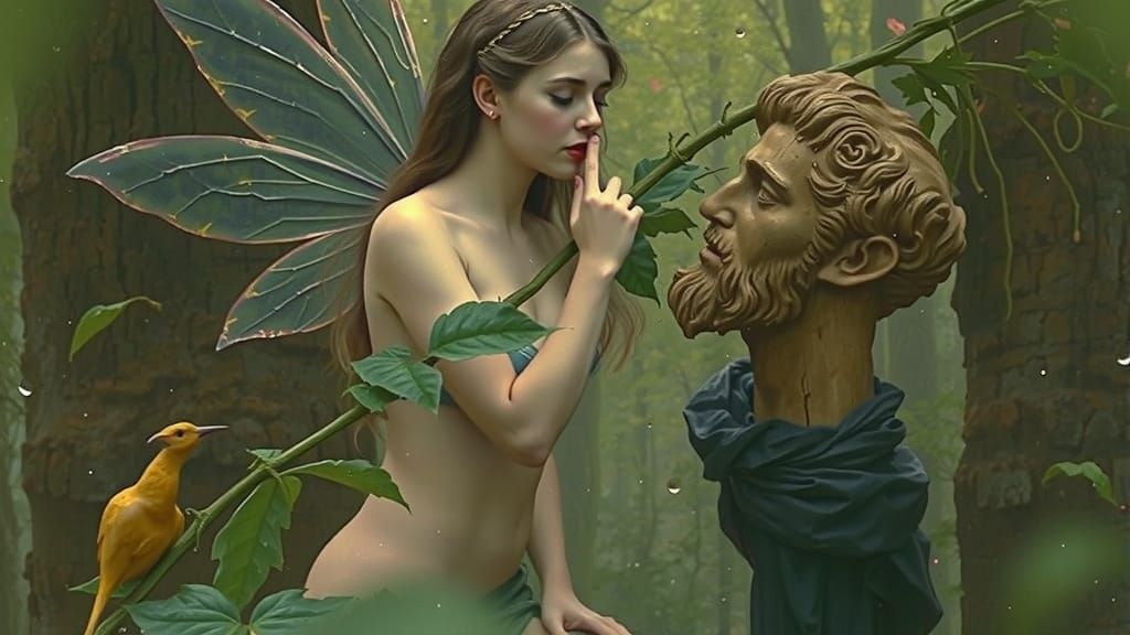 Blond Fairy Woman Touching Wooden Statue in Forest Painting