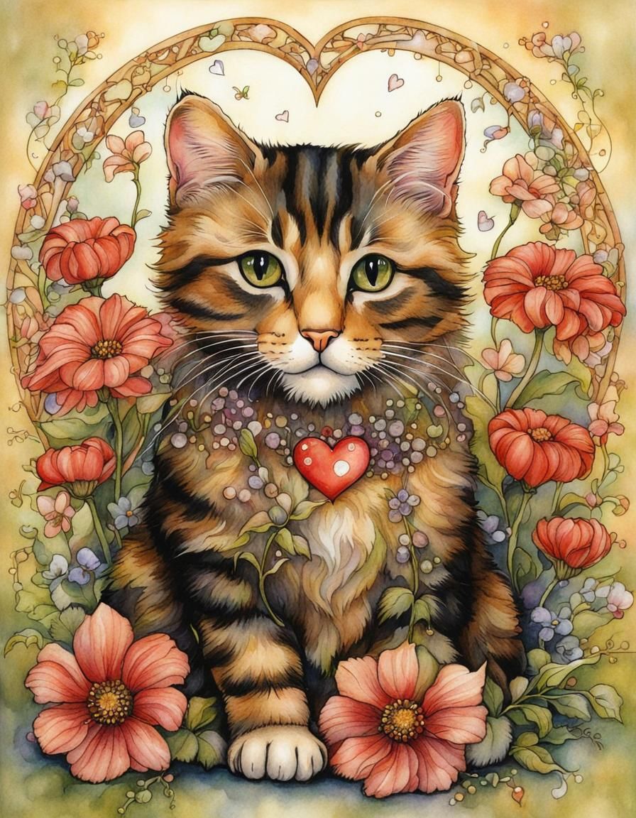 Cute Cat Surrounded by Flowers and Heart Lights