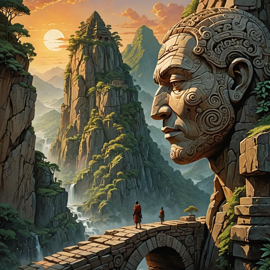 Monumental Head Temple Bridge in Adventure Art Style