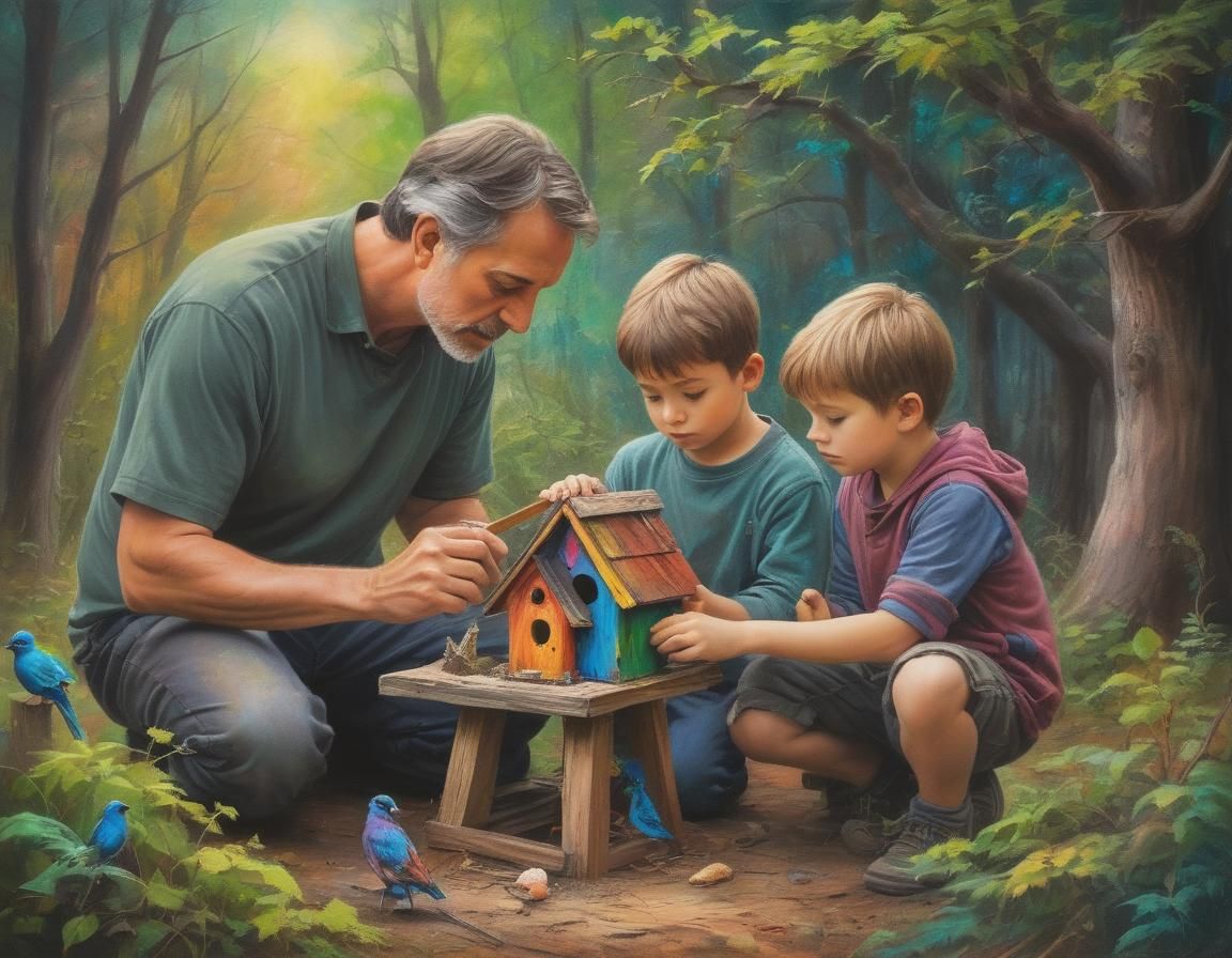 Father and Son Building Birdhouses in Fantasy Style
