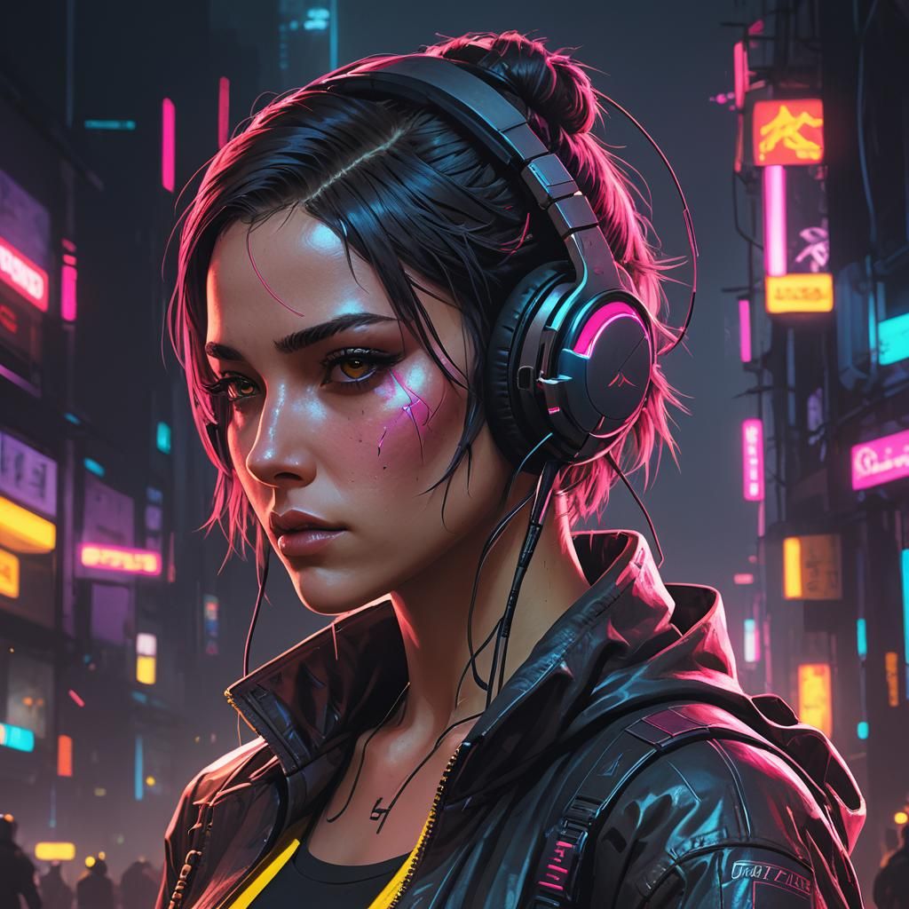 Cyberpunk Girl with Headphones in Neon Cityscape